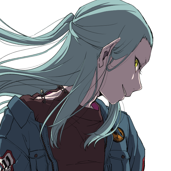 A picrew image of Star, in profile. Pale white skin. Blue hair pulled up in a loose pony over some part that's still down, pointed ears, wearing a jacket over a torn and safety-pinned shirt. His eyes are gold. He is smiling faintly.